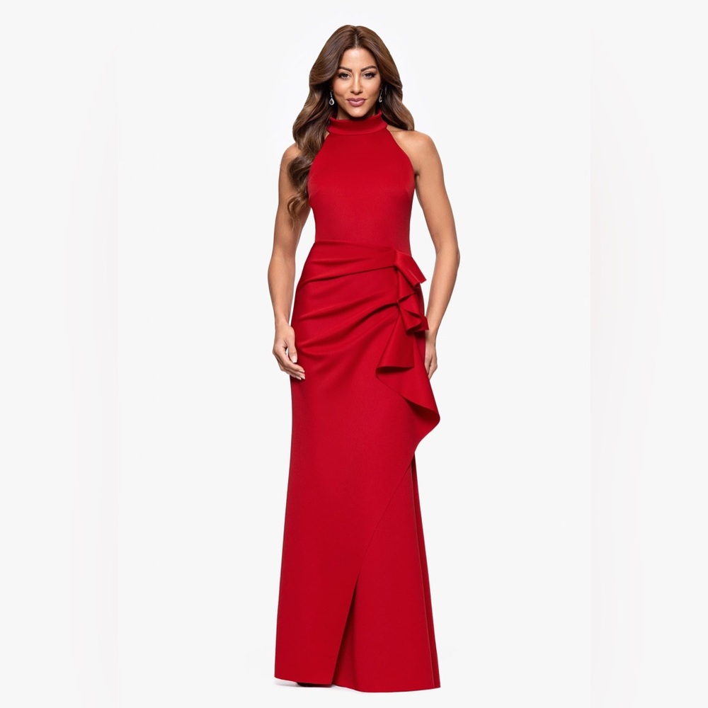 Xscape Red Halter Neck Ruffle Draped Gown SZ 8 NWT Formal Evening GALA MOB NYE
